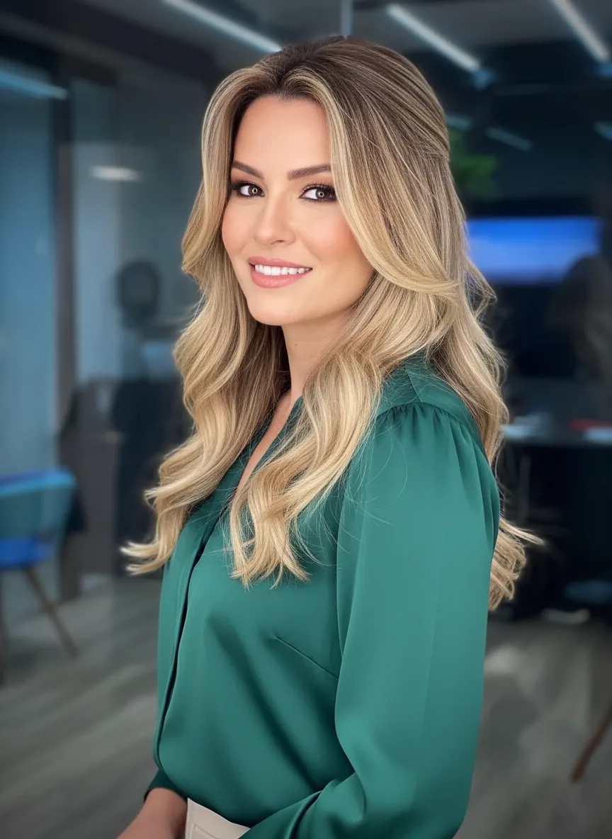 Voluminous Honey Blonde Balayage with Long Layers
